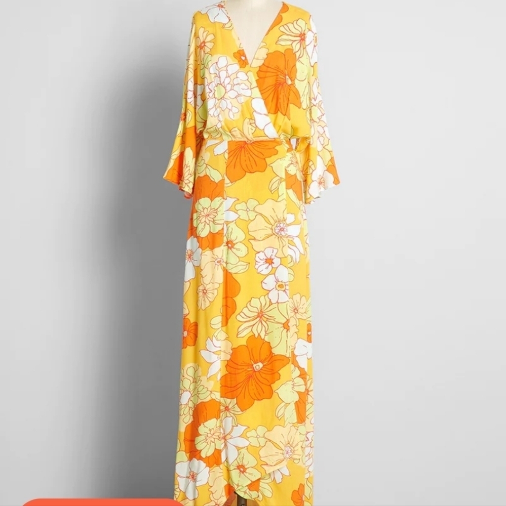 Modcloth Yellow Orange Floral Maxi Caftan Dress